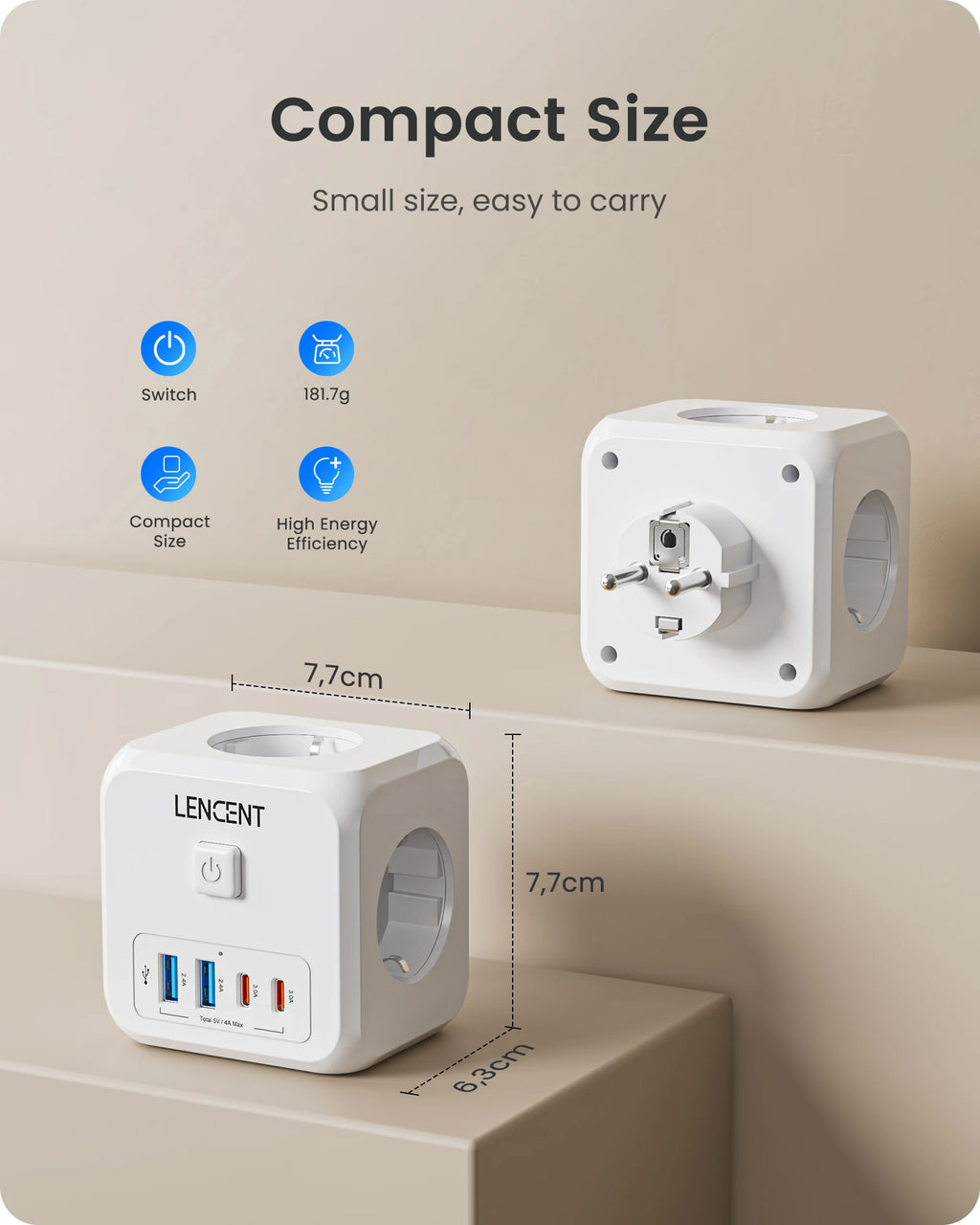 Presa Multipla da Muro 7 in 1 a Cubo - Adattatore Presa Schuko con 3 AC, 2 USB-A, 2 USB-C e Interruttore LENCENT