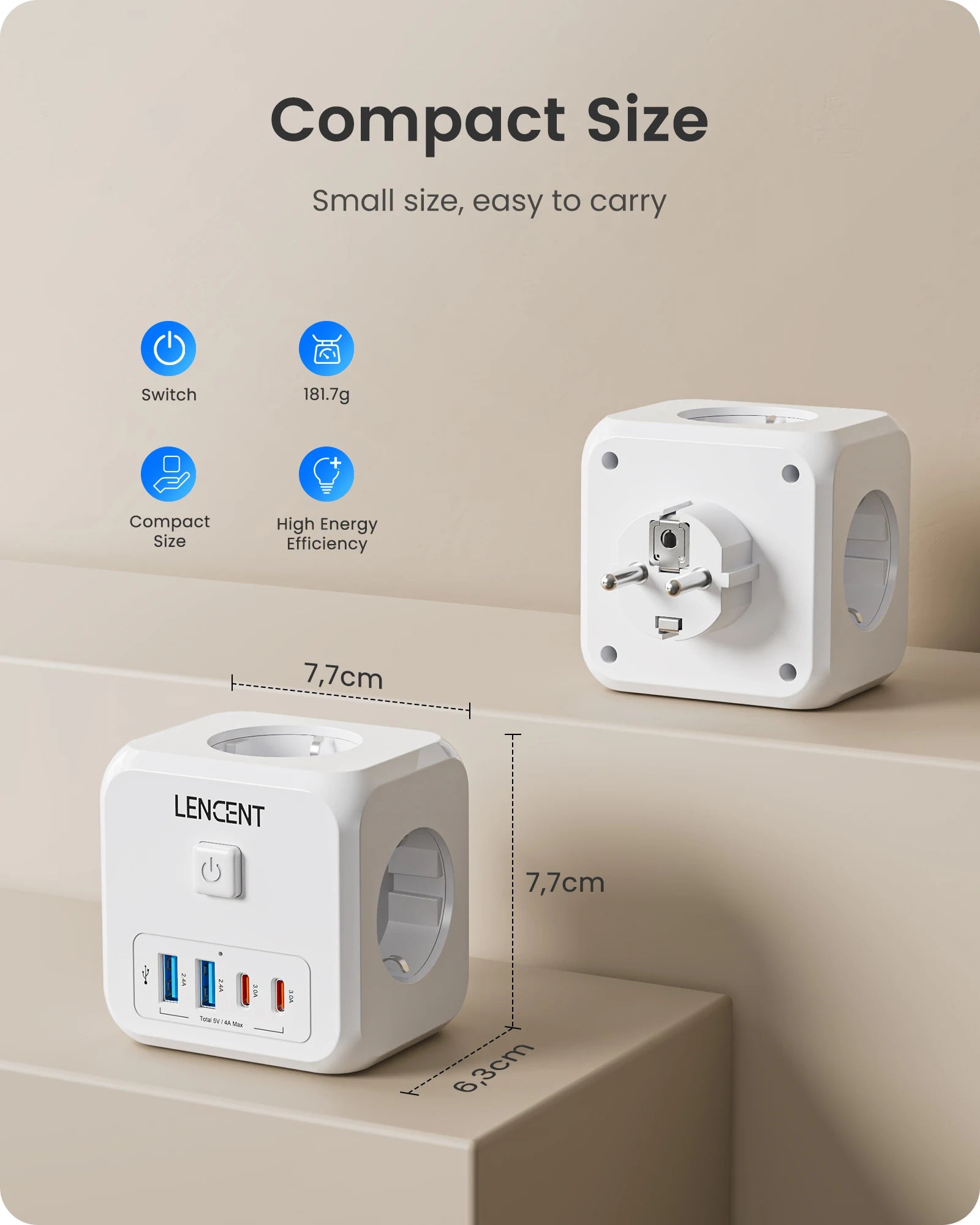 Presa Multipla da Muro 7 in 1 a Cubo - Adattatore Presa Schuko con 3 AC, 2 USB-A, 2 USB-C e Interruttore LENCENT