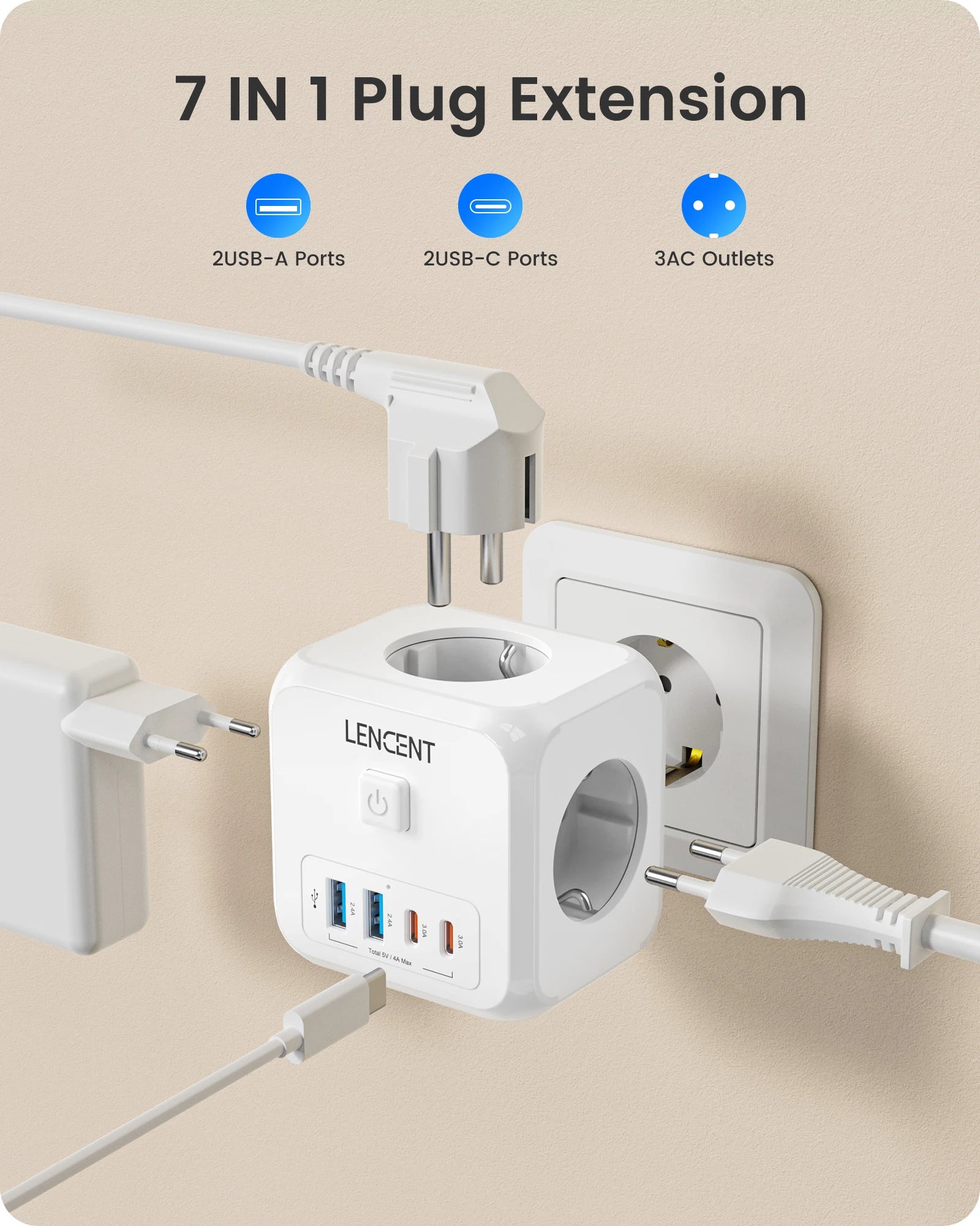 Presa Multipla da Muro 7 in 1 a Cubo - Adattatore Presa Schuko con 3 AC, 2 USB-A, 2 USB-C e Interruttore LENCENT