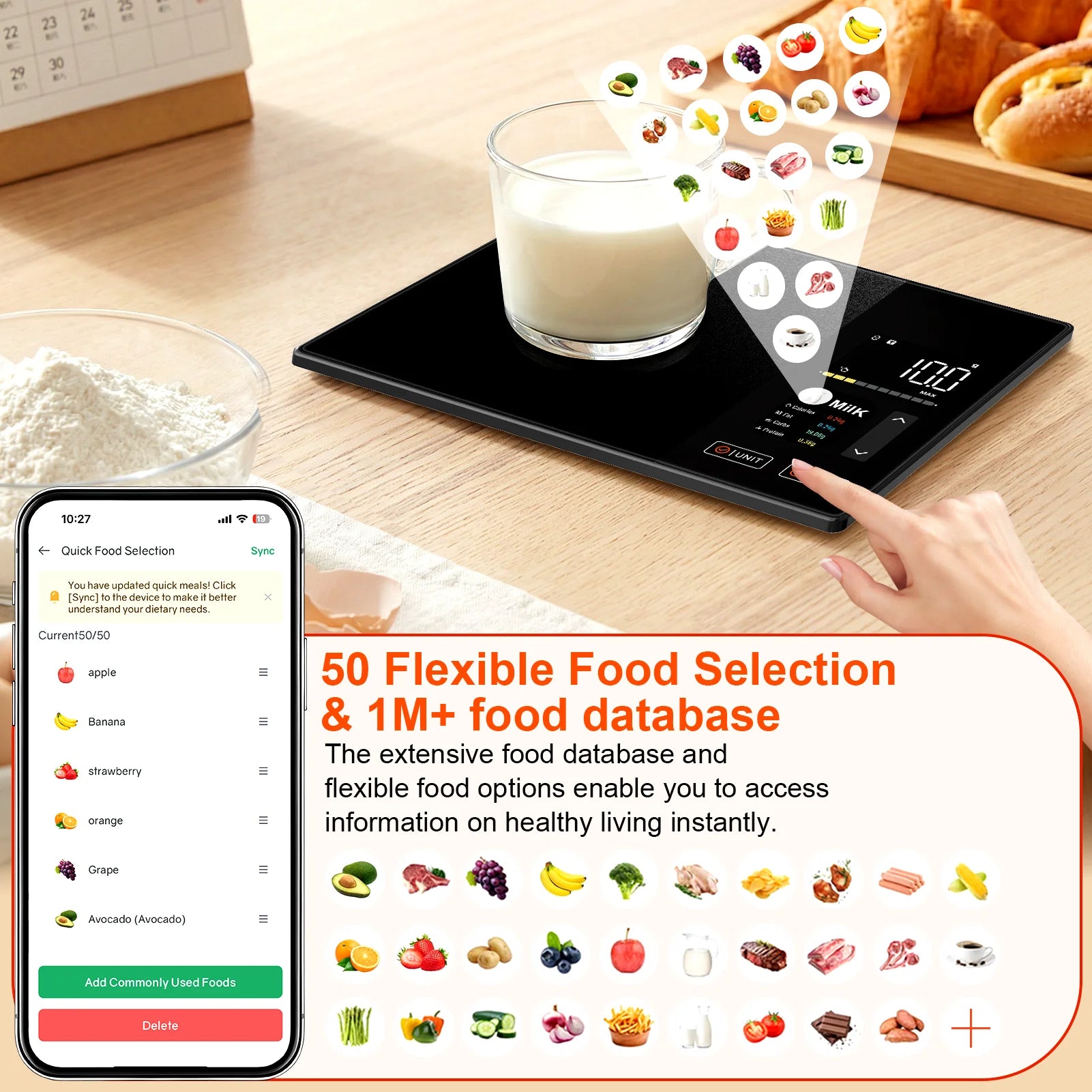 Smart Kitchen Scale Connects to Mobile App for Food Calorie Calculation Fitness Weight Loss Body Management,11 lb / 5kg