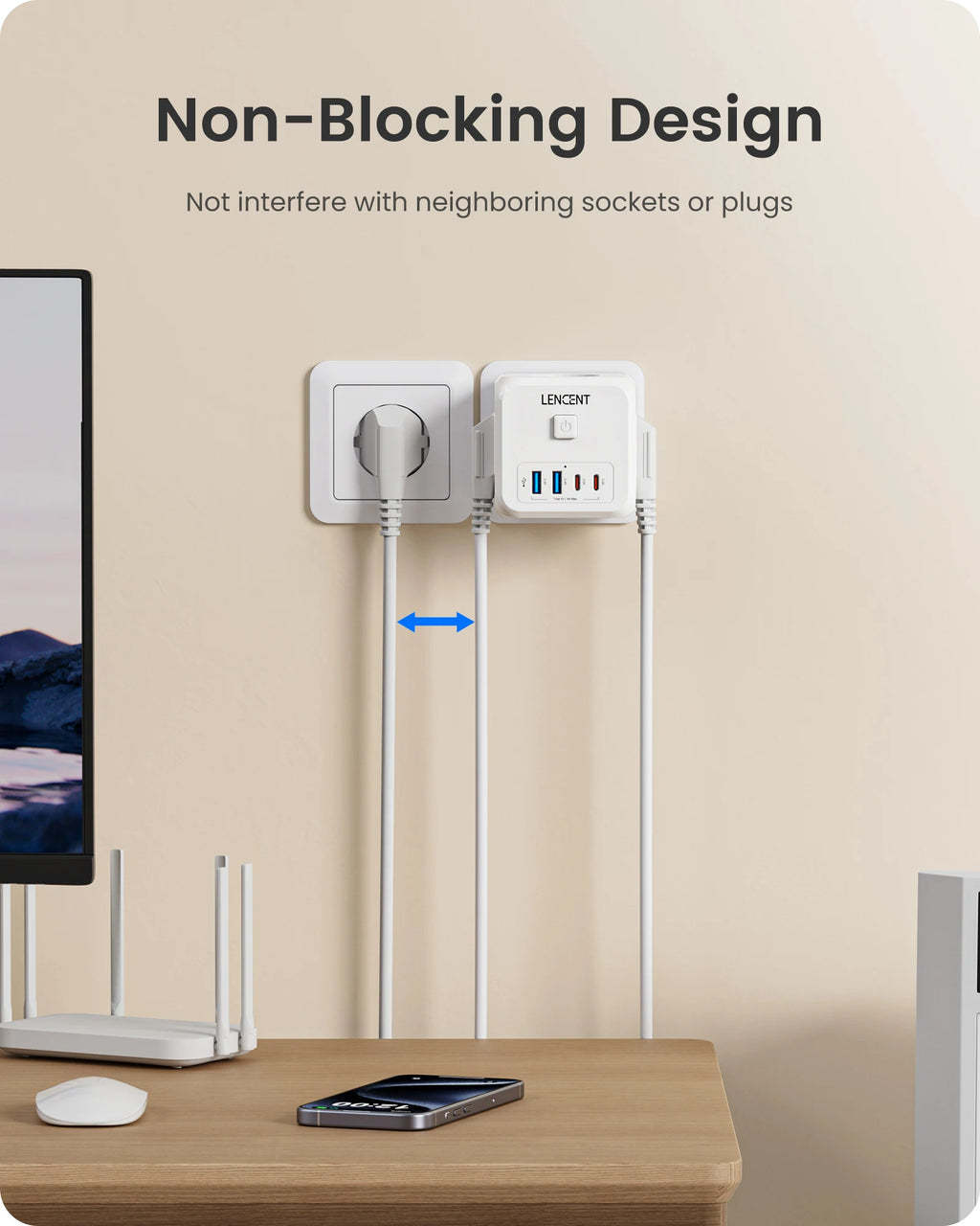 Presa Multipla da Muro 7 in 1 a Cubo - Adattatore Presa Schuko con 3 AC, 2 USB-A, 2 USB-C e Interruttore LENCENT