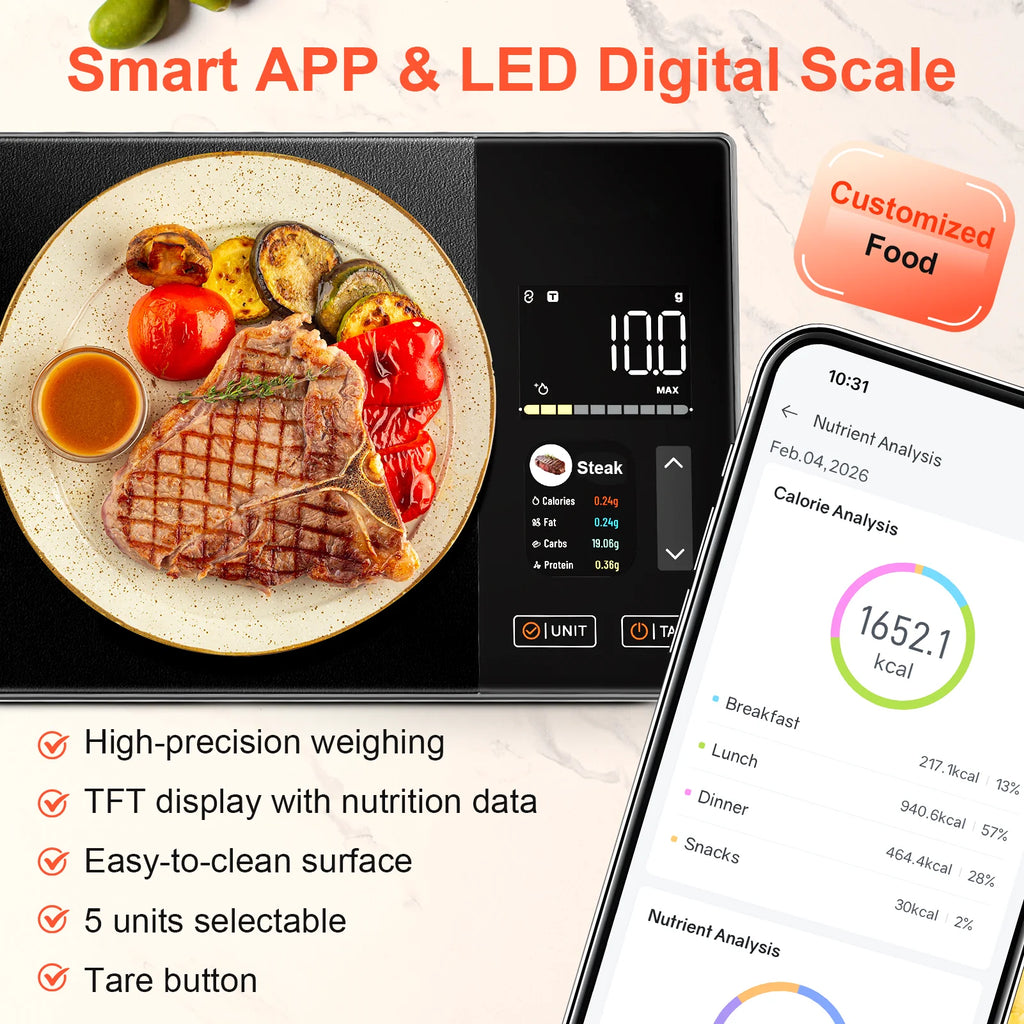 Smart Kitchen Scale Connects to Mobile App for Food Calorie Calculation Fitness Weight Loss Body Management,11 lb / 5kg