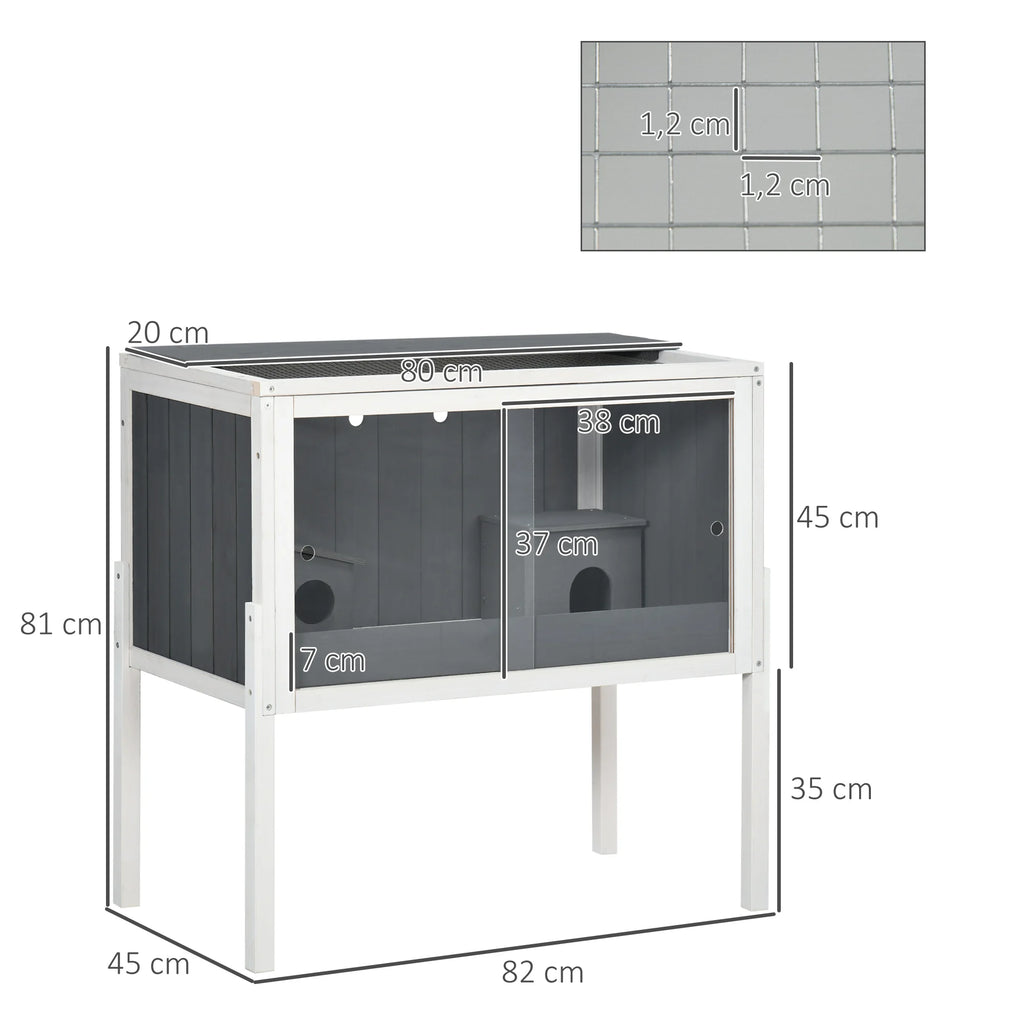 PawHut Gabbia per Criceti in Legno 82×45×81 cm - Habitat per Piccoli Animali con 2 Porte in Acrilico Grigio